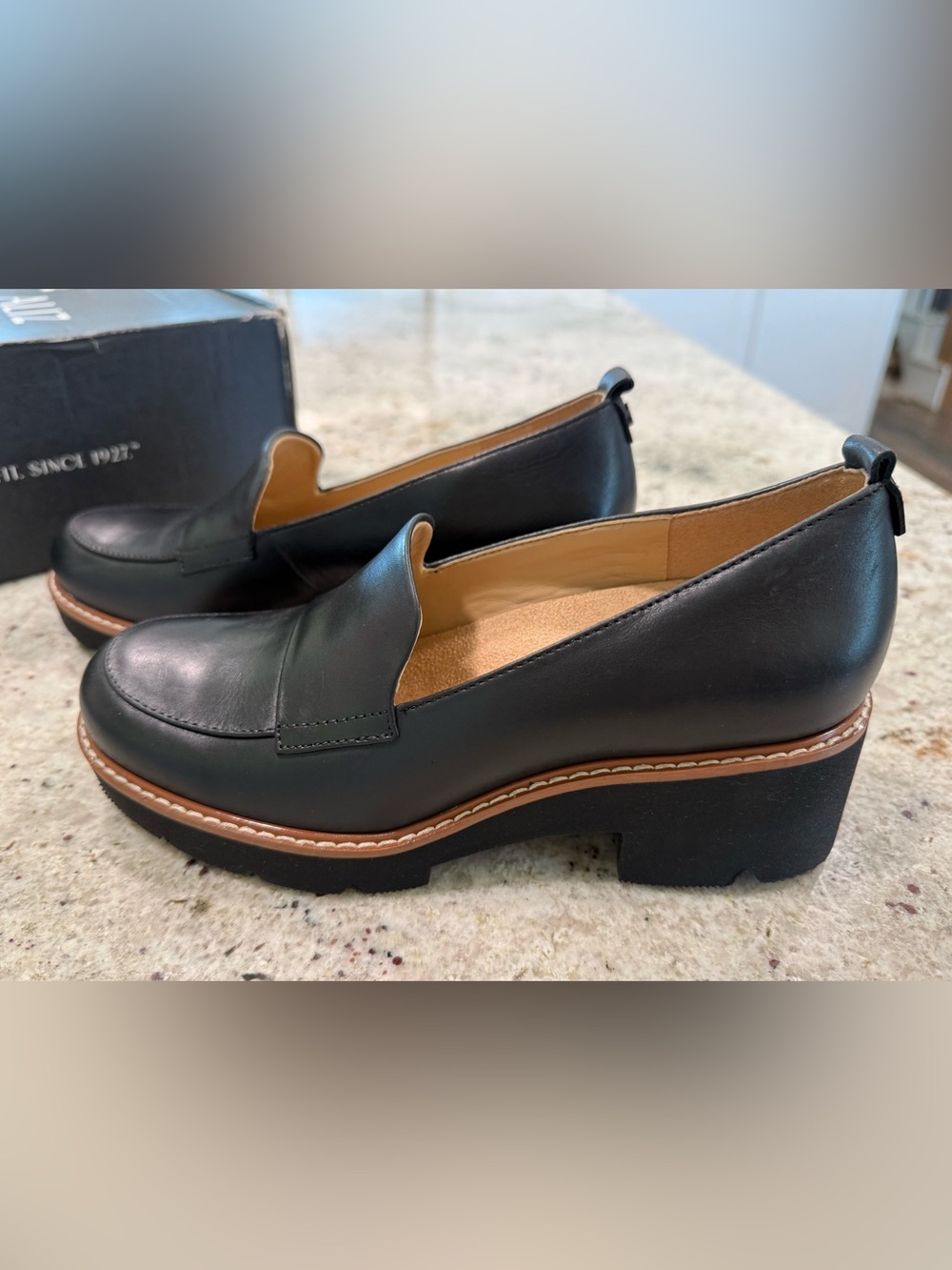 Naturalizer Black Leather Chunky "Darry" Loafers with Tan Welt - Picture 3 of 15